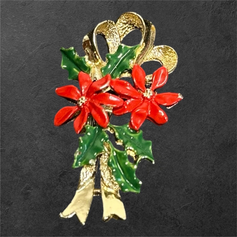 Vintage Gerrys Christmas Brooch Poinsettia Holly Bow Gold Tone